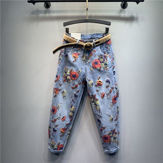 Quenilla - Vrouwen Onder de Knie Denim Bloemen Broek